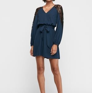 Pieced Lace Chiffon Fit and Flare Dress